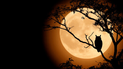 the full moon taken from behind tree branches, the silhouette of owl sitting on a branch in front of the moon.