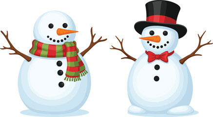 Two snowman characters with scarf, hat, bow tie, carrot nose, winter holiday cartoon illustration, Christmas decoration, festive seasonal artwork