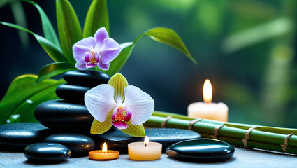 Bamboo stalks with spa zen stones and candle symbolizing balance harmony relaxation