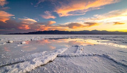 A serene landscape shows a salt flat under a vibrant sky during sunset. The clouds reflect in shallow water, creating a mirrored effect. Mountains form the distant horizon