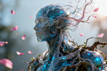Cybernetic humanoid with glowing circuitry and organic vines, surrounded by floating petals