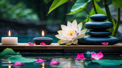 Peaceful zen stones with hibiscus and bamboo on water for spa wellness balance