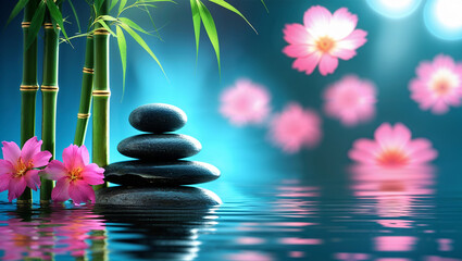 Zen stones and hibiscus flower with bamboo on calm water symbolizing peace wellness