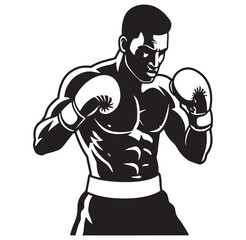 Powerful vector illustration of a muscular boxer in fighting stance ready to compete