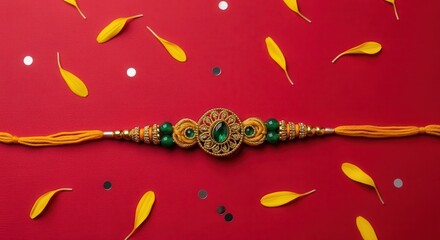 Beautiful rakhi bracelet with flower petals scattered on red surface illustration