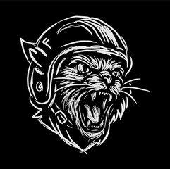 The woodcut illustration style vector cat
 head wearing helm
