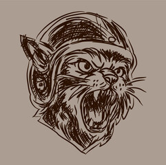 The woodcut illustration style vector cat wearing helm