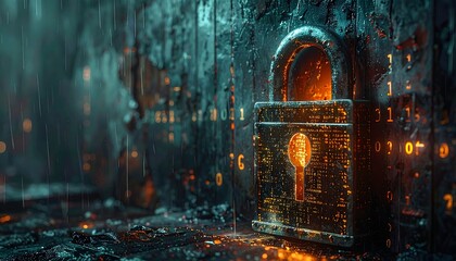 Obraz premium A stylized digital padlock glows against a textured, dark backdrop with binary code, evoking concepts of cybersecurity and protection