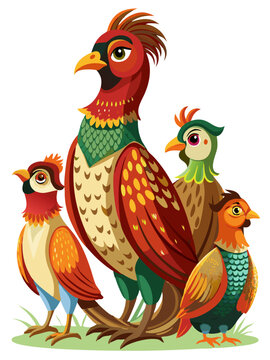 A vibrant cartoon illustration featuring a group of four colorful pheasants