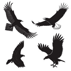A dynamic collection of eagles in various flight poses, showcasing their power and grace in a striking, graphic silhouette style illustration