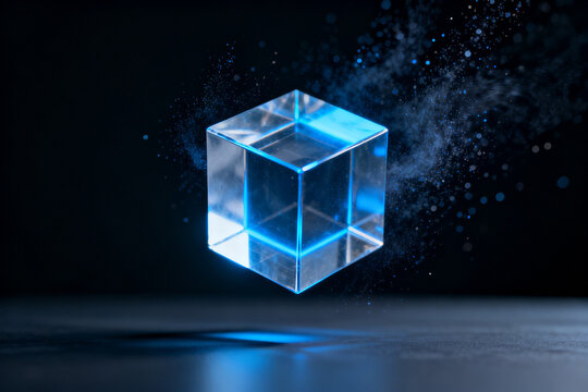 Transparent blue glowing cube floating in dark space with particles