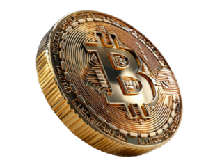Golden Bitcoin: An isolated image of a gleaming gold Bitcoin coin, symbolizing the digital age of currency, financial technology, and investment.