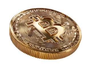 Golden Bitcoin: An intricately designed gold bitcoin coin, a symbol of digital currency, economic power, and the future of finance, gleams against a clean, crisp background.