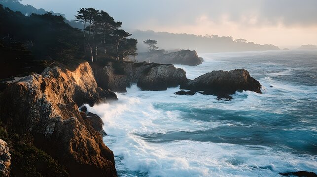Dramatic Coastal Cliffs and Ocean Waves at Dusk Point Lobos