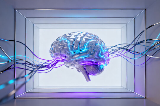 Digital brain with glowing neural pathways in a futuristic frame