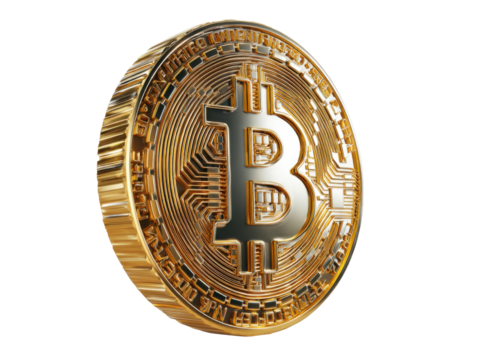 Digital Gold: A close-up studio shot of a gleaming, gold Bitcoin, showcasing its intricate design and reflecting the promise of decentralized finance.