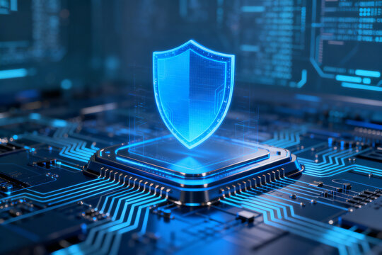 Digital shield hovering over a microchip on a circuit board, symbolizing cybersecurity and data protection in technology.
