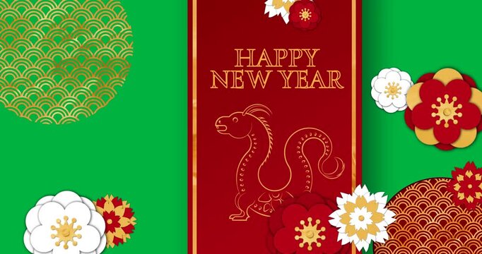 Animation of happy new year text and dragon sign with chinese pattern on transparent background