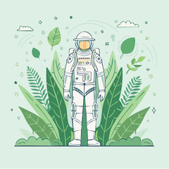 Ecological Explorer Astronaut's Journey in a Biodegradable Suit amidst Lush Foliage