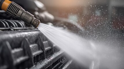 High-Pressure Water Spray Cleaning Engine Components in Automotive Workshop with Vivid Water Droplets and Blurred Background