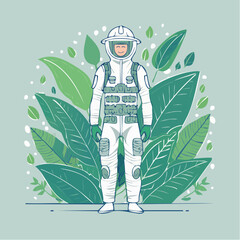 Eco-Researcher in Biodegradable AI Suit Amidst Lush Greenery A Flat Line-Art Illustration