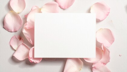 Blank white card surrounded by scattered pink rose petals—soft lighting and romantic setup—evokes crafted intimacy, symbolic invitation, and the rhythm of affection, memory, and gentle expression.