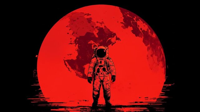 Astronaut silhouette standing before red planet in space