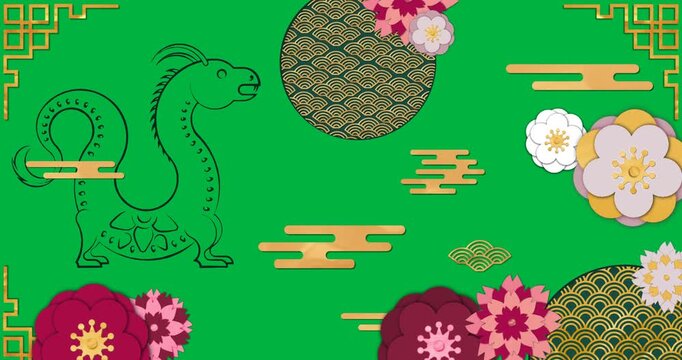 Animation of dragon sign and chinese pattern on transparent background