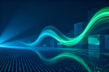 Abstract digital wave pattern with glowing lines over a futuristic grid background
