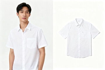 A man wearing a white short-sleeve button-up shirt, shown alongside a flat lay of the same shirt.