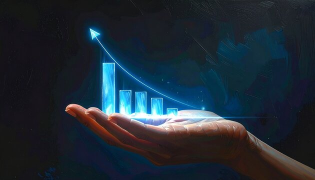 Human hand presents glowing bar and line graph—orange arrow rises above digital bars on dark background—evokes crafted progress, symbolic success, and the rhythm of data, growth, and human-tech synerg