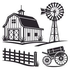 A rustic farm scene showcases a barn, windmill, fence, and cart, evoking a sense of rural charm and agricultural heritage in a simple, graphic style