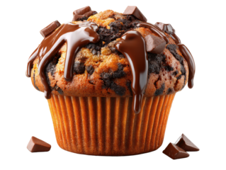 Chocolate Delights: A single delectable chocolate muffin sits proudly, its rich, moist interior crowned with drizzles of glossy chocolate glaze and a generous scattering of decadent chunks.