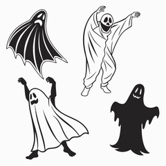 Illustration of various ghost figures in different poses and styles, including a sheet ghost, a spooky ghost, and a dancing ghost