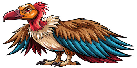 Cartoon Vulture Illustration with Brown, Blue, Red and Tan Feathers
