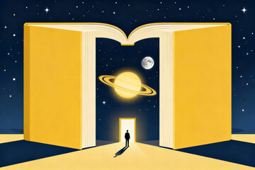 A person stands before a giant open book revealing a cosmic scene with Saturn and the moon in a starry night sky.