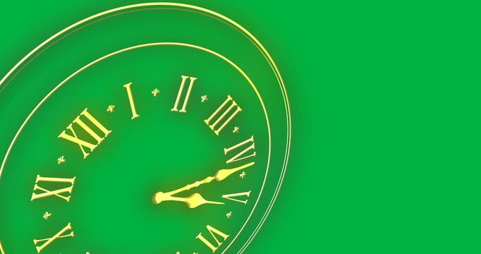 Animation of clock with countdown to midnight and new year on transparent background