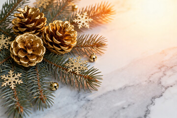 Golden pinecones and fir branches with snowflake ornaments on a marble surface