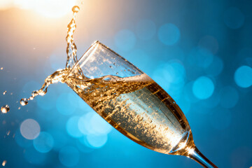 Champagne splashing from a flute against a blue bokeh background with sunlight highlights