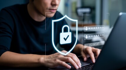 Man using laptop with data protection and security system interface overlay