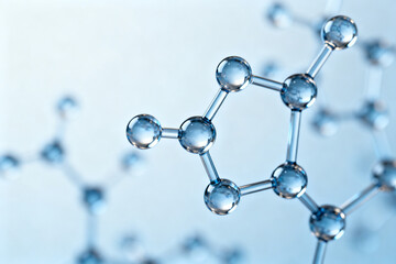 Molecular structure with interconnected spherical atoms against a blue background