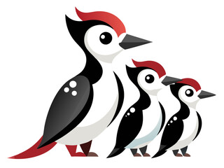 Obraz premium Family of woodpeckers, illustration of mom and baby birds with red crests