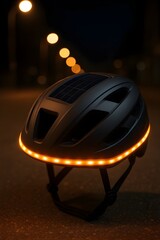 Solar-Powered Bicycle Helmet Glowing at Night Street