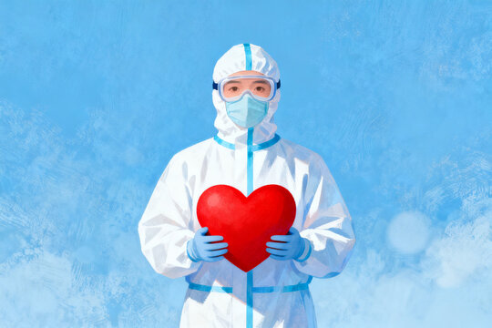 Medical professional in protective suit holding a red heart against a blue background