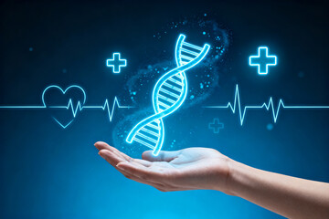 Hand holding a glowing DNA helix with medical symbols and heartbeat lines on a blue background