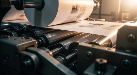 Naklejka premium Industrial Printing Press in Action – Precision Machinery and Mass Production