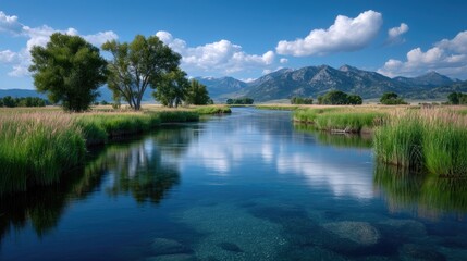 Tranquil Blue Canal Flows Through Lush Green Meadow Under Bright Sky