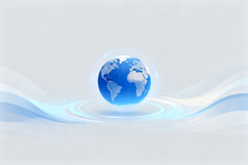A blue globe floating above rippling water waves on a light background