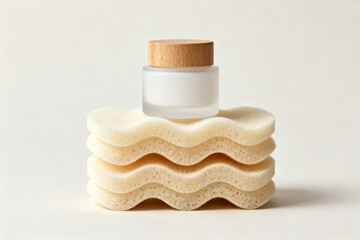 Stacked natural sponges with a glass jar featuring a wooden lid on top