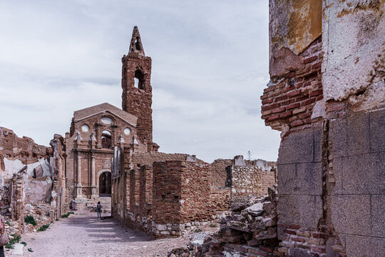 San martin de tours church rising over ruins of belchite old town after spanish civil war bombing